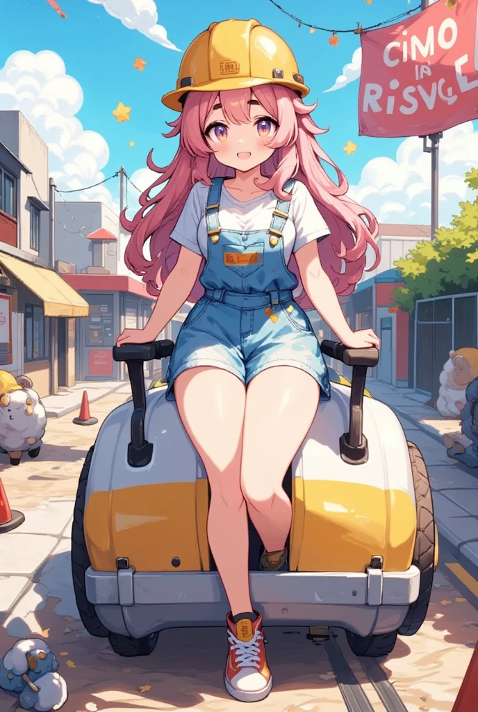 1girl, Alone, Sheep,  long pink fluffy hair, Thick eyebrows, Overalls,  yellow safety helmet, Rammer :1.3,  ground leveling machine:1.3,  is leveling the ground ,  the ground is vibrating,  vibrating up and down ,  motion blur, Construction site, Red colored cone ,  no-entry fence 