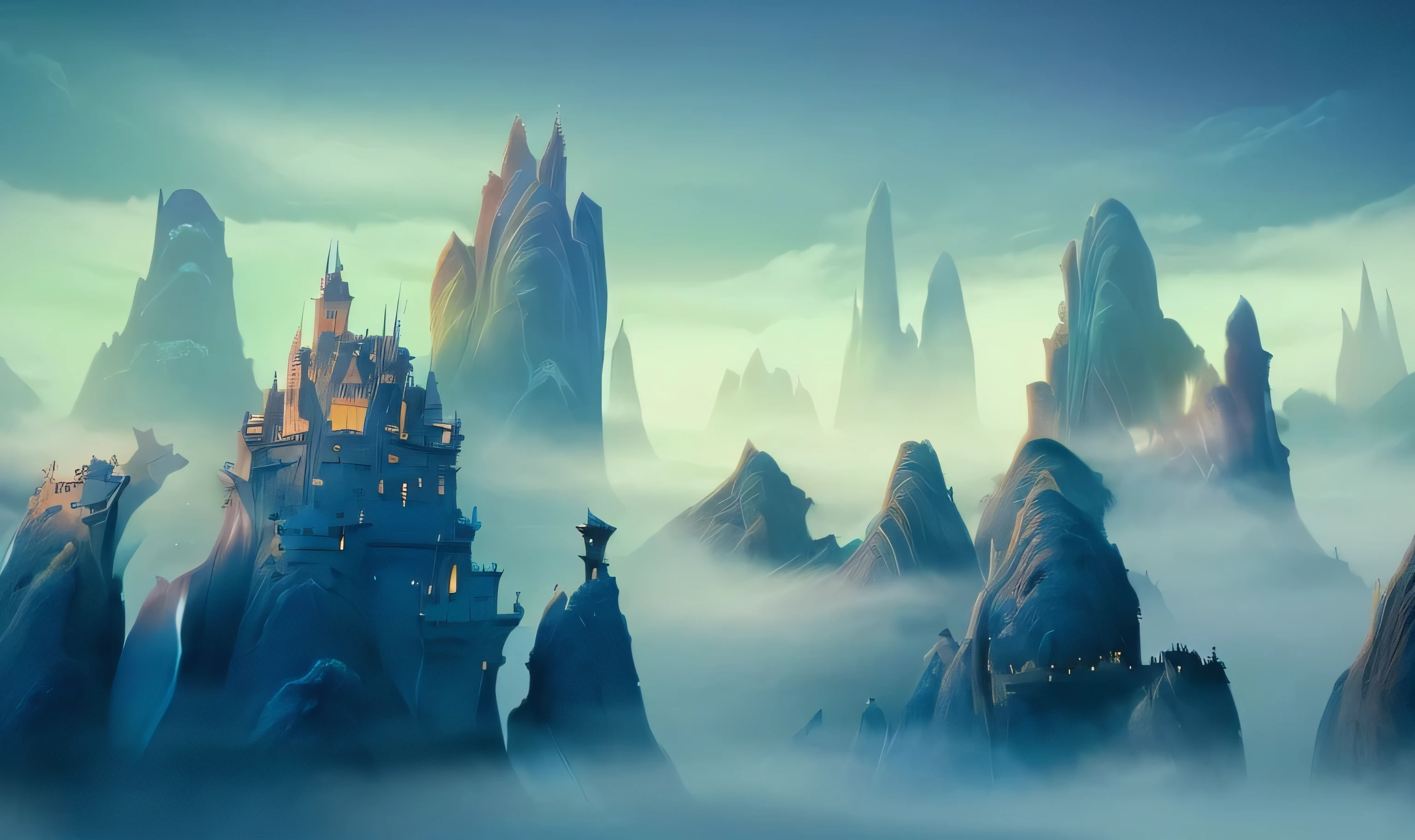 There's a castle ， in the middle of the mountain ，Background is sky, dota Matte painting concept map, Fantasy style matte painting, dota! Matte painting concept map,  illustration matte painting , Game Art Painting, Fantasy painting, Matte painting concept map,  matte painting mystical dota Pixar,  moody fog fantasy art , high Fantasy painting, Fantasy painting，Lovely