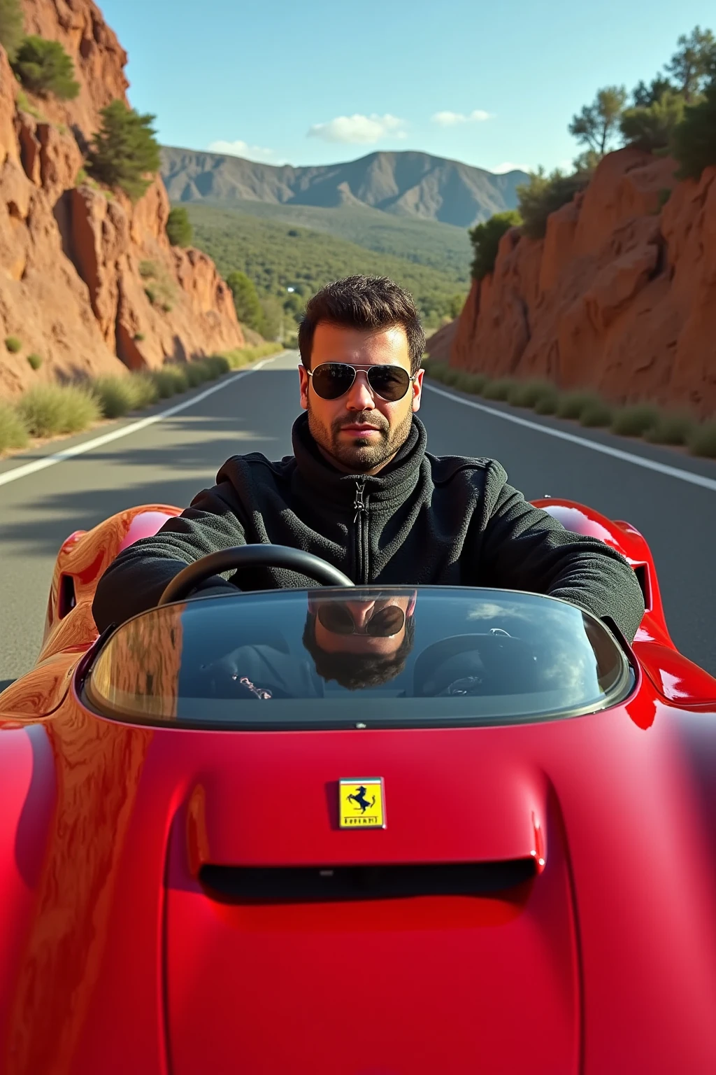 A cinematic, hyperrealistic image of titoworld in aviator sunglasses, driving a Ferrari. The camera is positioned in front of the car