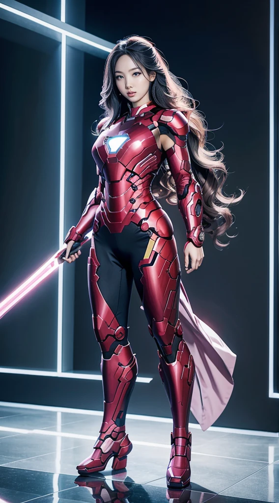 Full Body Photo. Studio Background. 8k HD good quality image. Hot Korean woman has an ideal body, big breast, big butt, sexy wavy body, straight long hair, wearing a COLOURED PINK Iron Man armor without the helmet. FULL BODY FROM HEAD TO TOE. Standing in a FULL HEIGHT FROM HEAD TO TOE. 

The picture must show a complete head to toe picture of the hot Korean