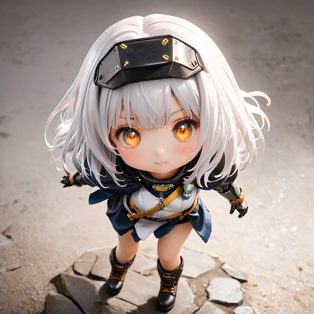 1girl, solo, chibi, FHD, Super Detail, top-quality, Very delicate, (upper body), cinematic lighting, ultra detailed, FHD, Super Detail, top-quality, Very delicate, Facing the lens, top view ,masterpiece, best quality, dynamic angle, incredibly absurdres, high detail eyes, droopy eyes, cute eyes, Kawaii, a little angry, full body, cute face, from right, turn to the side, swdef, white hair, long hair, yellow eyes, headgear, mechanical arms, shoulder pad, cloak, chest strap, badge, thighs, boots, Solid White background, kawaii pose