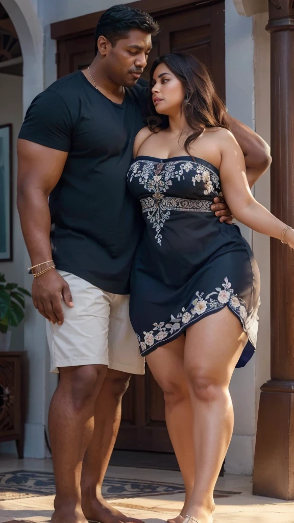 A photorealistic portrait of a 30-year-old Indian woman with big-sized breasts, wearing a cute white top and blue mini skater skirt, sexy legs, wearing blue high heels,red lipstick, very laughing white teeth,She 
standing with big black cock man ((bbc handsome man wearing only underwear)) giving very adult seductive poses in park,((they are hugging)),captured in close up  full-body shot, 8k resolution, with high detail and quality.