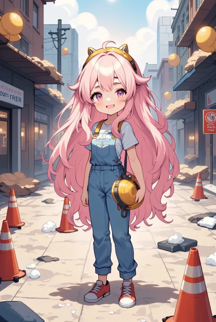 1girl, Alone, Sheep,  long pink fluffy hair that is destroying buildings, Thick eyebrows, Overalls,  yellow safety helmet, compressor :1.3, 建物を破壊している,  the ground is vibrating,  motion blur, Construction site, Red colored cone , No Entry