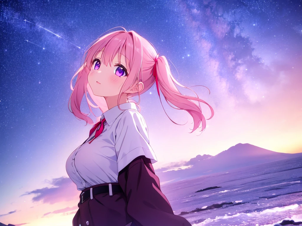 ((8k, Highest quality, masterpiece: 1.3)),Ultra-high resolution,(1 girl, alone), Highly detailed dark purple eyes, Highly detailed face, looking up at the sky, shooting stars, night, head up
light pink short twintails, breast, emotional face, starry sky

Bright Sky, A vast world,((1 cute girl)), stare, Awe-inspiring expressions, Distant Horizon, cloud, Inspiration, Light effects, Wide Shot, From far away