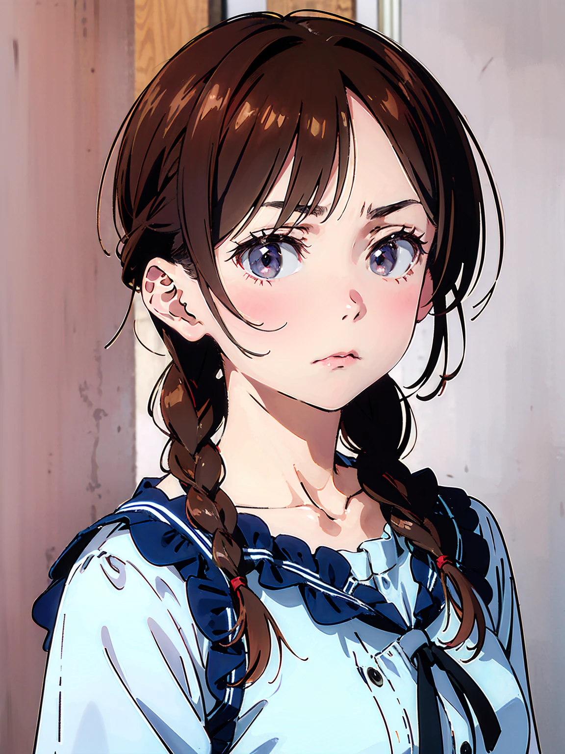 Masterpiece、Ultra-high resolution、Best Quality、chizuru mizuhara, long hair, twin braids, twintails, Troubled face