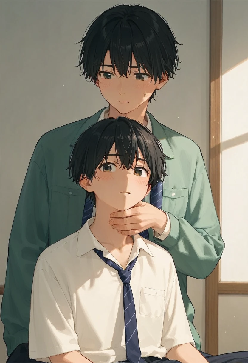  male、二人のmale、high school student、Student Uniform、slacks、 loose necktie、whole body、Black Hair、Summer sunlight、smale同士のの濃厚なキスをする、male同士の恋愛、 long bangs、Black Hair、