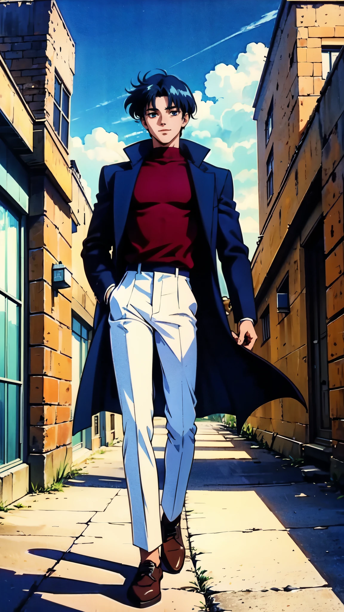 (masterpiece:1.2, best quality:1.2, extremely delicate:1.2), ((male:1.5)), a young man with long dark-blue hair, parted bangs, dignified face, cheerful smile, blue eyes, tall and slender physique, a brown coat, a dark sweater, white trousers, strolling gracefully through the city, a finely crafted 1990s anime style sage character, exquisite and mature 1990s Retro anime art style, OVA anime art style, dramatic, high definition, highres, ultra-detailed, ultra-fine painting, professional, perfect body proportions, golden ratio, anatomically correct, symmetrical face, extremely detailed eyes and face, high quality eyes, creativity, RAW photo, UHD, 32k, Natural light, cinematic lighting, (masterpiece-anatomy-perfect:1.2)