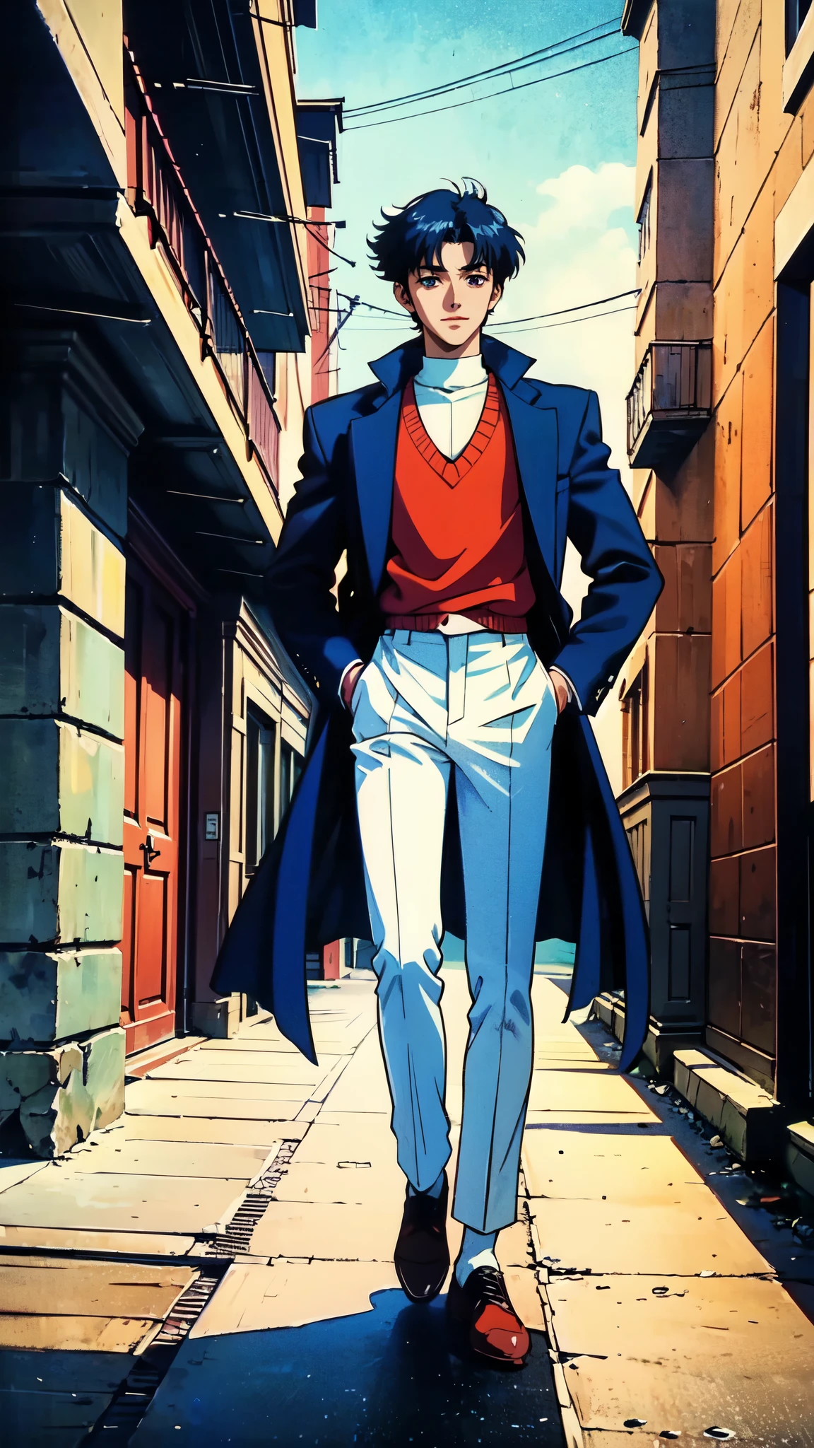 (masterpiece:1.2, best quality:1.2, extremely delicate:1.2), ((male:1.5)), a young man with long dark-blue hair, parted bangs, dignified face, cheerful smile, blue eyes, tall and slender physique, a brown coat, a dark sweater, white trousers, strolling gracefully through the city, a finely crafted 1990s anime style sage character, exquisite and mature 1990s Retro anime art style, OVA anime art style, dramatic, high definition, highres, ultra-detailed, ultra-fine painting, professional, perfect body proportions, golden ratio, anatomically correct, symmetrical face, extremely detailed eyes and face, high quality eyes, creativity, RAW photo, UHD, 32k, Natural light, cinematic lighting, (masterpiece-anatomy-perfect:1.2)