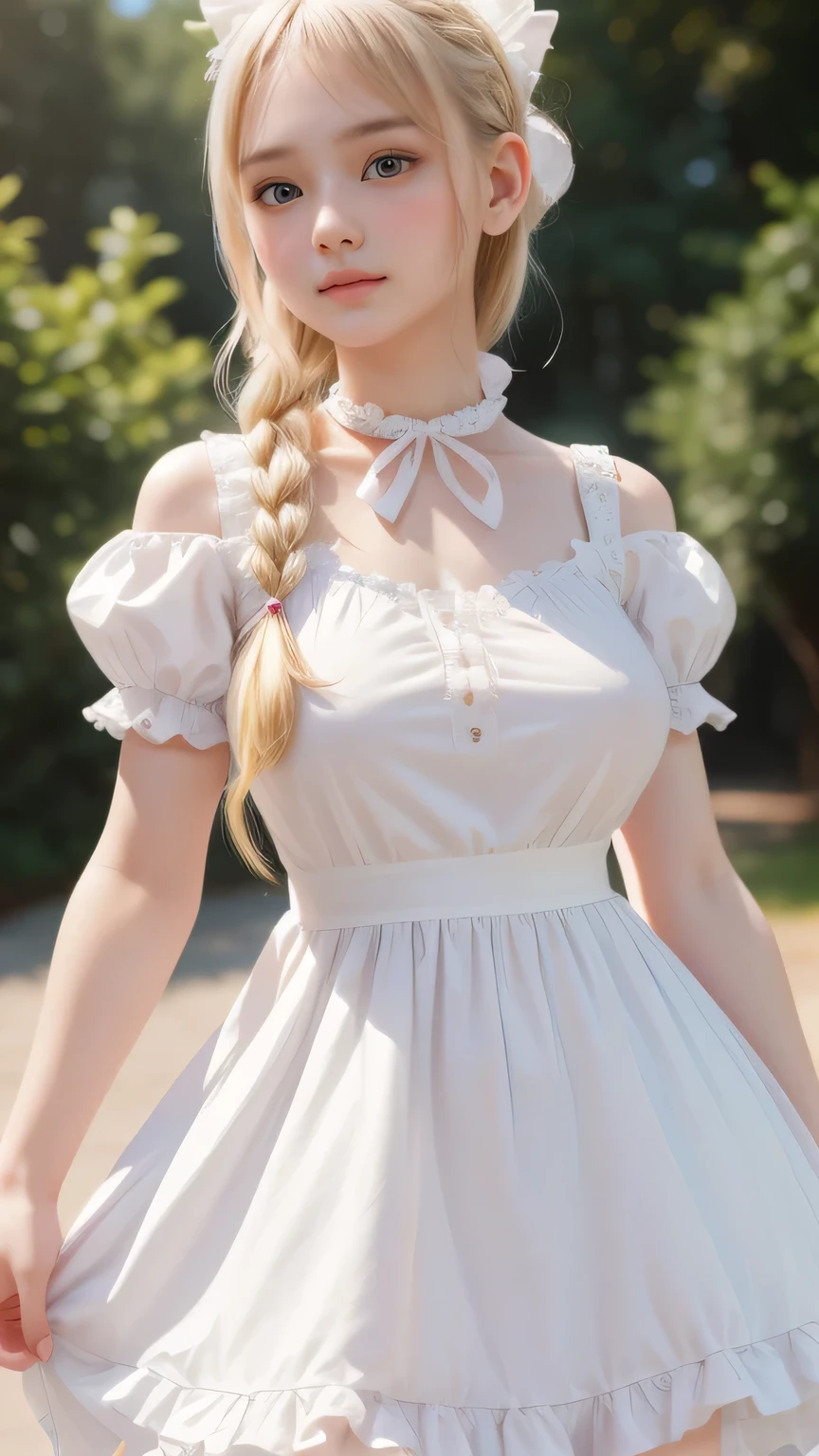 (Pale skin:1.3), (huge breast:1.3), (ultra-detailliert), White cute princess dress,(frilly dress),(shortsleeves),Blue eyes,The upper part of the body、a closeup、faces、Lovely smile,facing front, 16yr old, teens girl,no tail,(no tail),2D, ​masterpiece, top-quality, animesque, A detailed eye, A detailed face, girl with, Only 1 person,Blonde medium hair, (a blond),  Ear Hair, Single braid, (Single braid), (Side braid), Pink ribbon, Ribbon around the neck, (White sleeves), Background bokeh, standing, (cowboy shot:1.2), head to thigh,