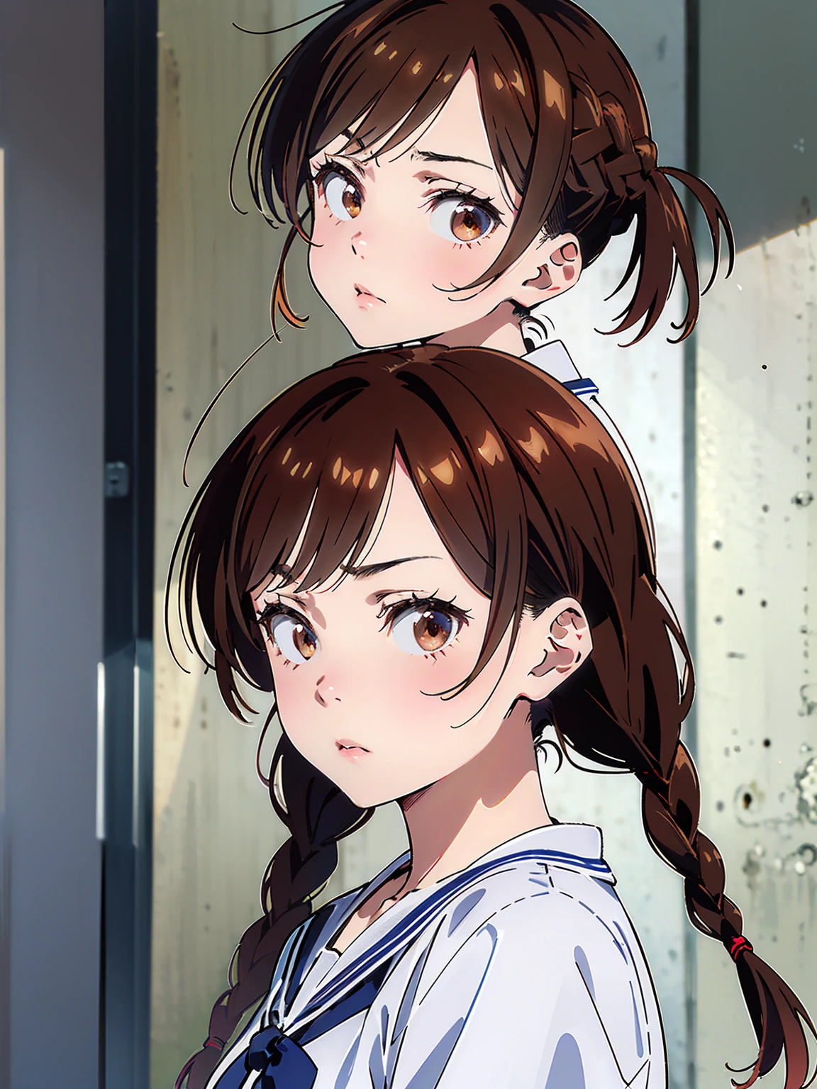 Masterpiece、Ultra-high resolution、Best Quality、chizuru mizuhara, long hair, twin braids, twintails, Troubled face