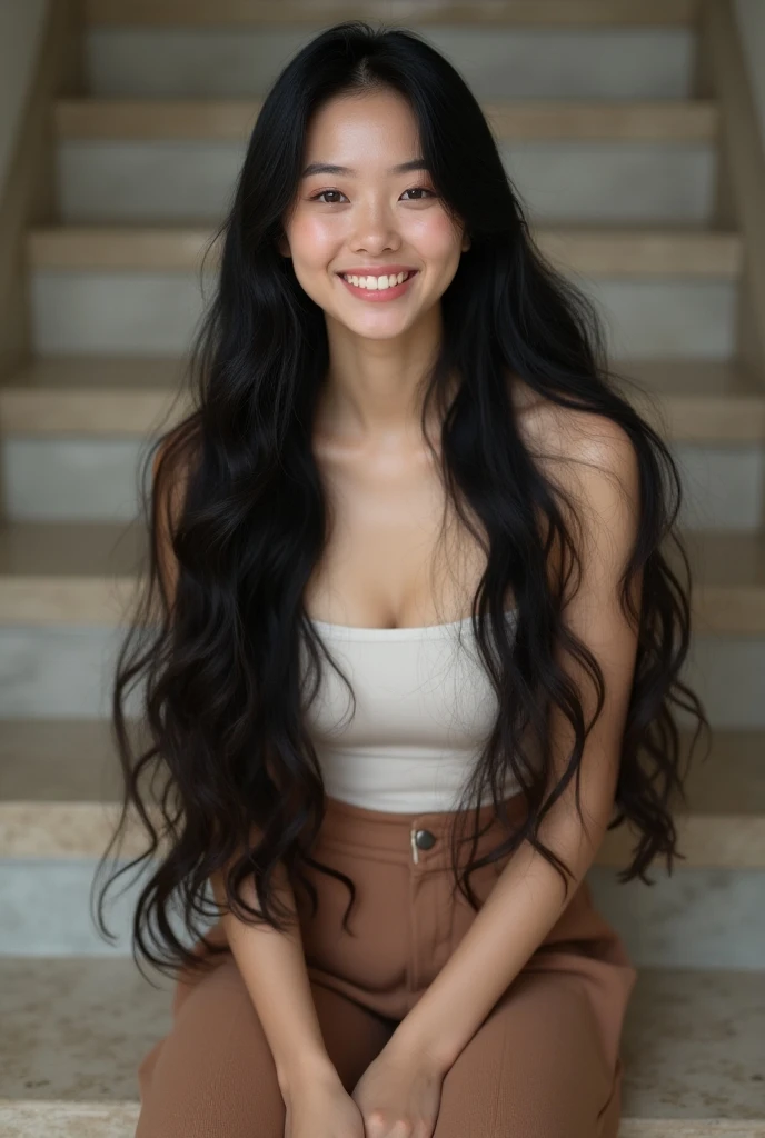 Beautiful Asian woman,((full body shot from hair to feet)), with a very large hair bun, the size of the bun is 8 times the size of her head, very large traditional Javanese hair bun, circular bun, shiny black hair, about 8 meters long hair, very shiny hair, loose hair filling the entire bathroom, the bathroom is full of her long hair  wearing towel on body, both hands holding a bun, gigantic breast, large breast,shaggy tits,bathroom atmosphere, laughing,(pose looking back over shoulder) ,