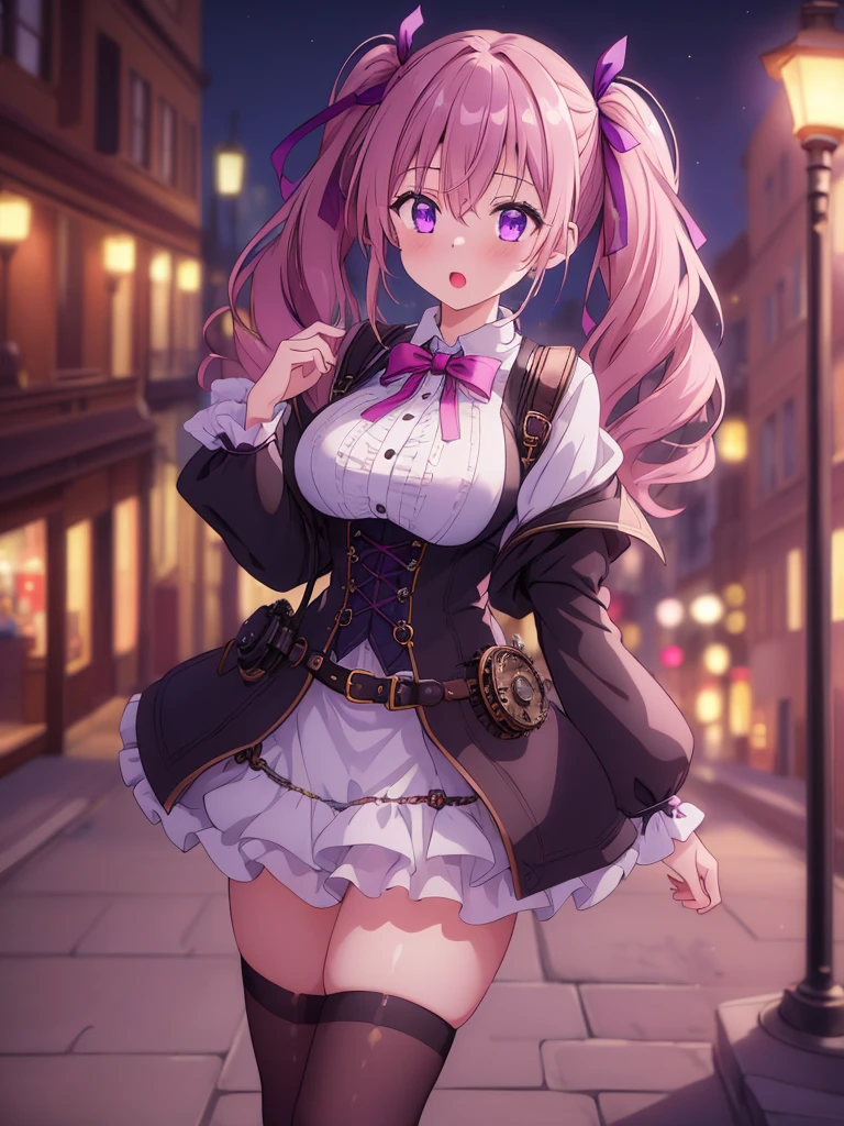 ((8k, Highest quality, masterpiece: 1.3)),Ultra-high resolution,(1 girl, alone), Highly detailed dark purple eyes, Highly detailed face, surprised, steampunk city street
light pink short twintails, night, breast, blurry background, ribbons, 