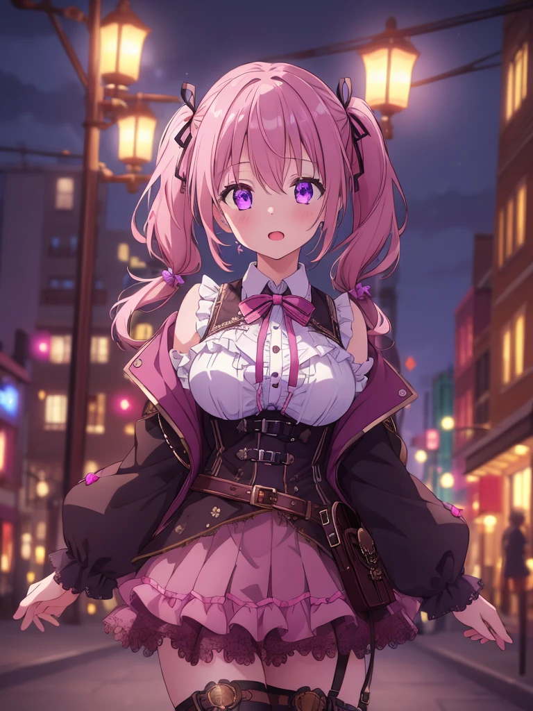 ((8k, Highest quality, masterpiece: 1.3)),Ultra-high resolution,(1 girl, alone), Highly detailed dark purple eyes, Highly detailed face, surprised, steampunk city street
light pink short twintails, night, breast, blurry background, ribbons, 