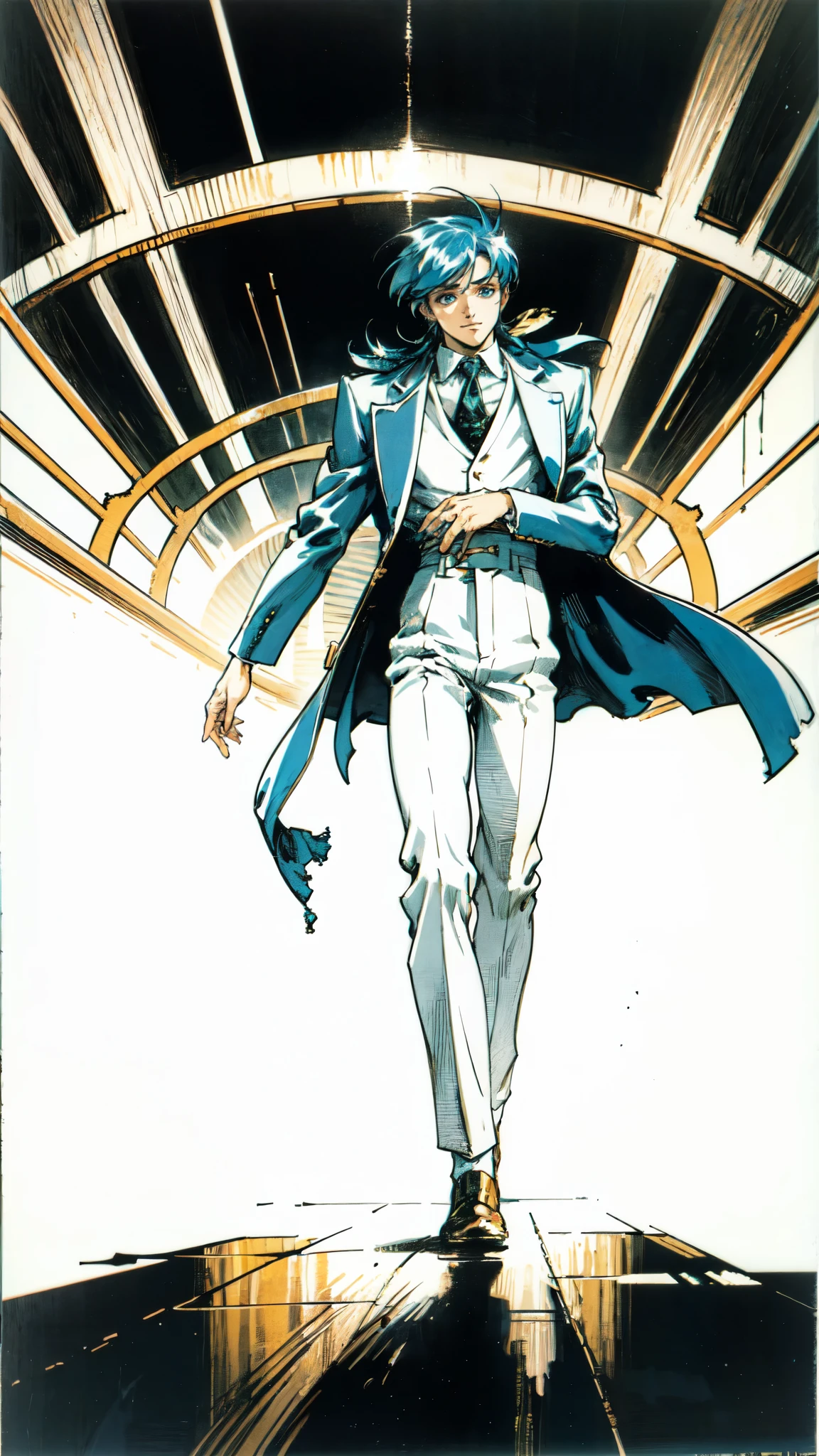(masterpiece:1.2, best quality:1.2, extremely delicate:1.2), ((male:1.5)), a young man with long dark-blue hair, parted bangs, dignified face, cheerful smile, blue eyes, tall and slender physique, a brown coat, a dark sweater, white trousers, strolling gracefully through the city, a finely crafted 1990s anime style sage character, exquisite and mature 1990s Retro anime art style, OVA anime art style, dramatic, high definition, highres, ultra-detailed, ultra-fine painting, professional, perfect body proportions, golden ratio, anatomically correct, symmetrical face, extremely detailed eyes and face, high quality eyes, creativity, RAW photo, UHD, 32k, Natural light, cinematic lighting, (masterpiece-anatomy-perfect:1.2)