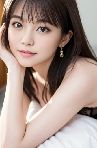 (row photo, Best quality,8K,high resolution,masterpiece:1.2), A japanese girl, (light smile:0.4), Delicate face, Delicate eyes, Dark brown hair, (glowing dark brown eyes:1.4), (pale skin), large breast, no makeup, Seductive pose, (Sexy lace Lingerie), Dynamic pose, Shy face, Bright lighting, Face Light, Smooth Professional Lighting,