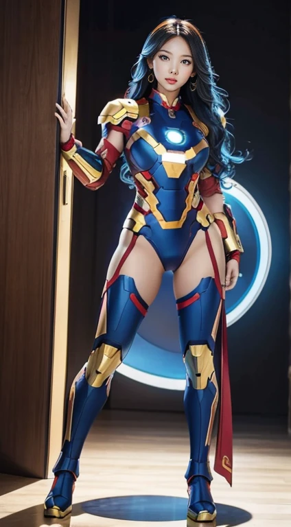 8k, realista, atraente, altamente detalhada, uma jovem de 20 anos, Um sexy, Attractive woman wearing indigo blue armor with details inspired by the Microsoft symbol with details of a bright Iron Man mech; . She dresses with sensuality and confidence, perfectly interpreting the strength and charisma of Iron Man. O hangar abandonado serve de pano de fundo, creating a unique atmosphere that highlights their bravery and perseverance. The overcast sky adds a sense of tension and mystery to the entire scene. This high definition and high quality image will bring you a shocking visual experience. The detailed abandoned hangar and bright locks will keep their eyes on you. OC rendering, lighting dramatic, quality awarded several positions