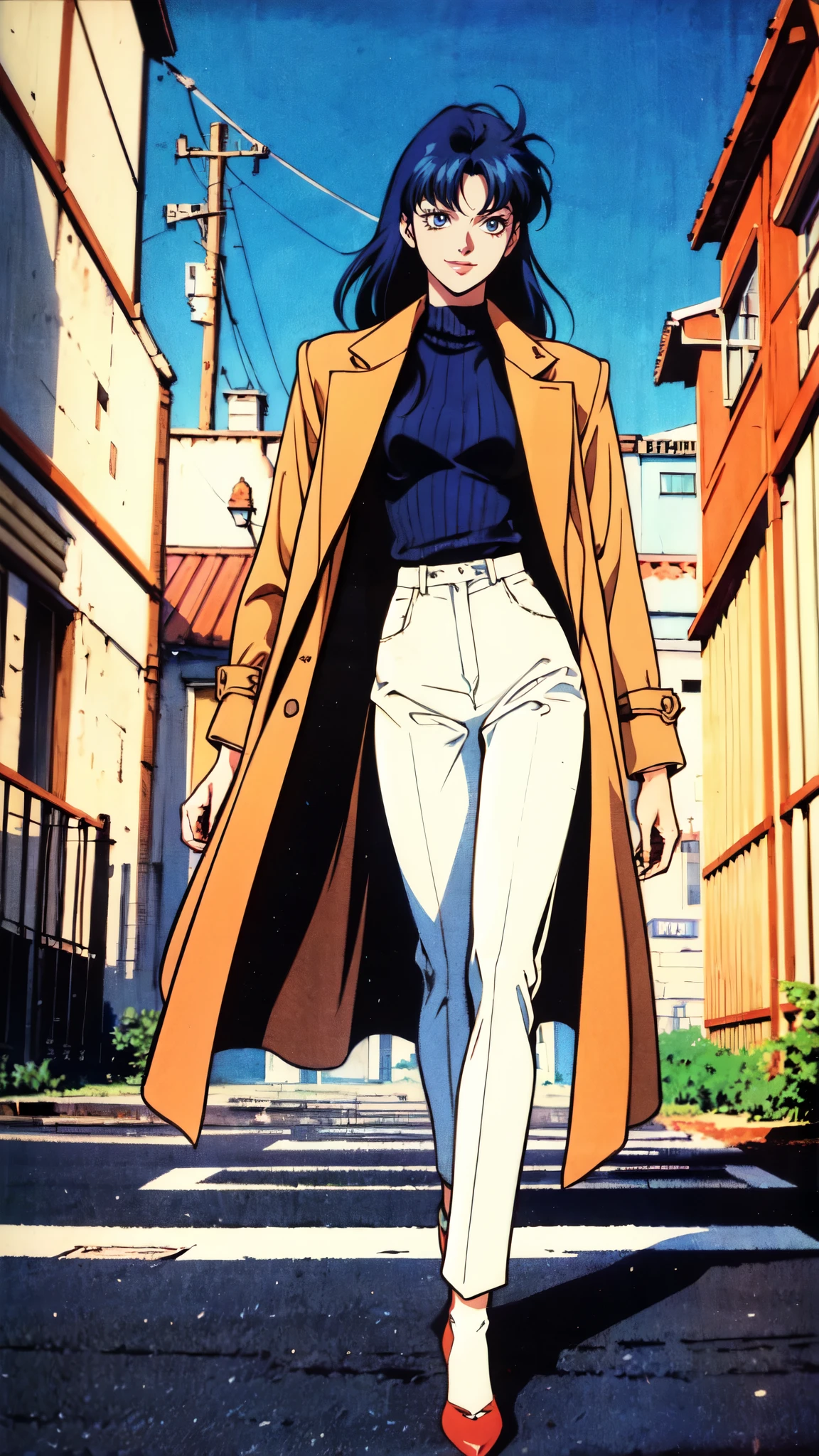 (masterpiece:1.2, best quality:1.2, extremely delicate:1.2), a young women with long dark-blue hair, parted bangs, dignified face, cheerful smile, blue eyes, tall and slender physique, brown coat, dark sweater, white trousers, strolling gracefully through the city, a finely crafted 1990s anime style sage character, exquisite and mature 1990s Retro anime art style, OVA anime art style, dramatic, high definition, highres, ultra-detailed, ultra-fine painting, professional, perfect body proportions, golden ratio, anatomically correct, symmetrical face, extremely detailed eyes and face, high quality eyes, creativity, RAW photo, UHD, 32k, Natural light, cinematic lighting, (masterpiece-anatomy-perfect:1.2)