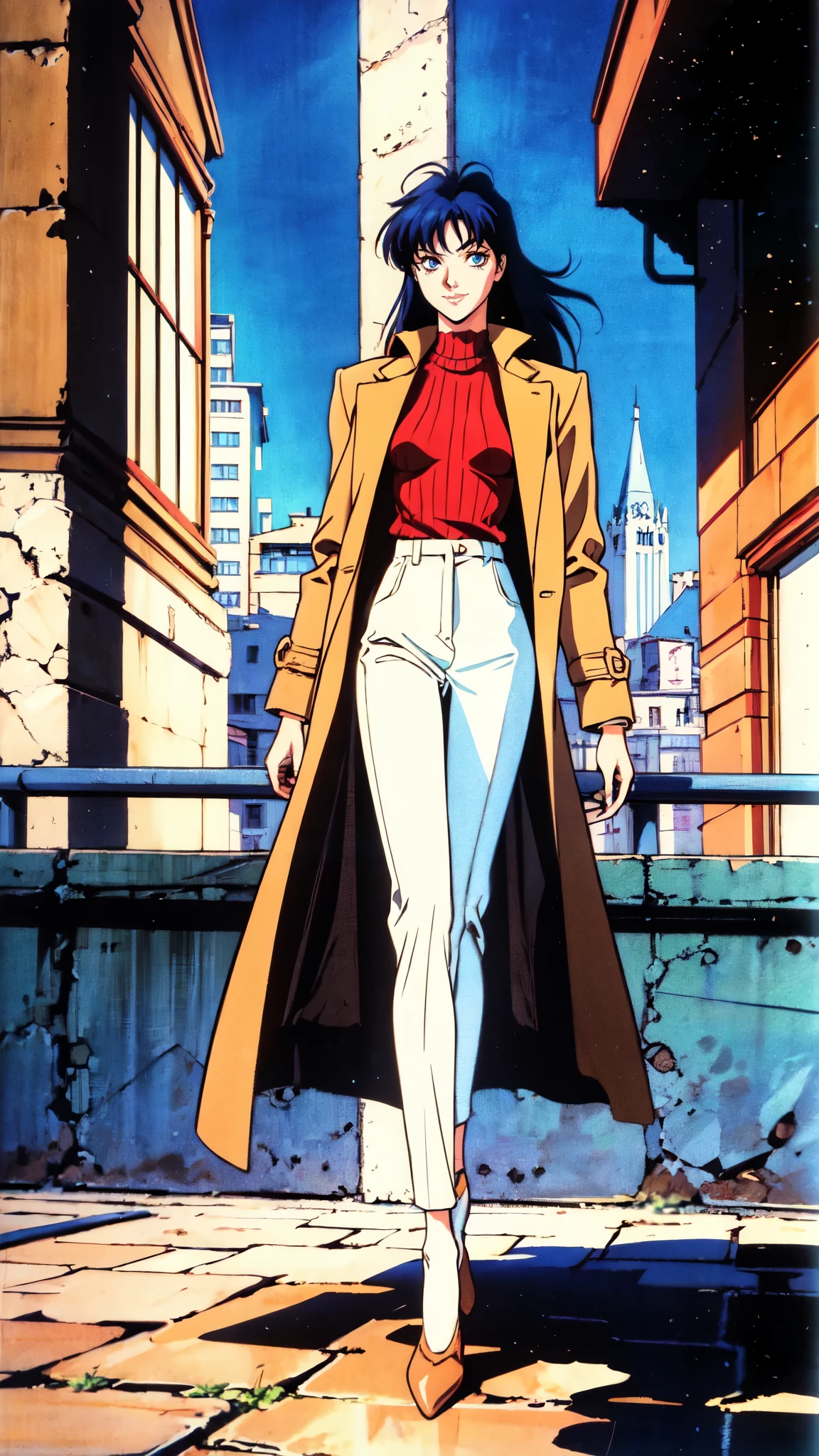 (masterpiece:1.2, best quality:1.2, extremely delicate:1.2), a young women with long dark-blue hair, parted bangs, dignified face, cheerful smile, blue eyes, tall and slender physique, brown coat, dark sweater, white trousers, strolling gracefully through the city, a finely crafted 1990s anime style sage character, exquisite and mature 1990s Retro anime art style, OVA anime art style, dramatic, high definition, highres, ultra-detailed, ultra-fine painting, professional, perfect body proportions, golden ratio, anatomically correct, symmetrical face, extremely detailed eyes and face, high quality eyes, creativity, RAW photo, UHD, 32k, Natural light, cinematic lighting, (masterpiece-anatomy-perfect:1.2)