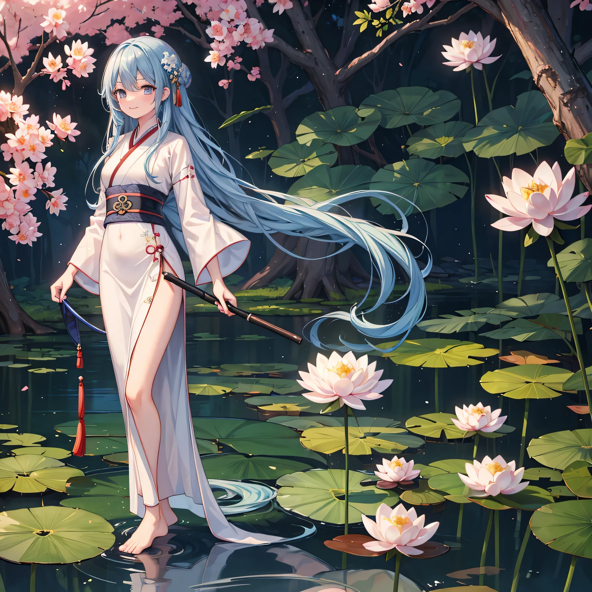 blue hairs,schoolgirls,The clothes fit snugly to the body,pools of water,Floating on the water,Only the chest and above are exposed,white clothes,Need,tmasterpiece,One guy,Ancient Chinese folding fan,Japanese style --auto