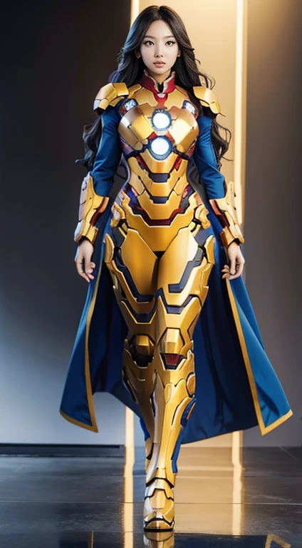 Full Body Photo. Studio Background. 8k HD good quality image. Hot Korean woman has an ideal body, big breast, big butt, sexy wavy body, straight long hair, wearing a Coloured Blue and Yellow Iron Man armor without the helmet. FULL BODY FROM HEAD TO TOE. Standing in a FULL HEIGHT FROM HEAD TO TOE. 

The picture must show a complete head to toe picture of the hot Korean