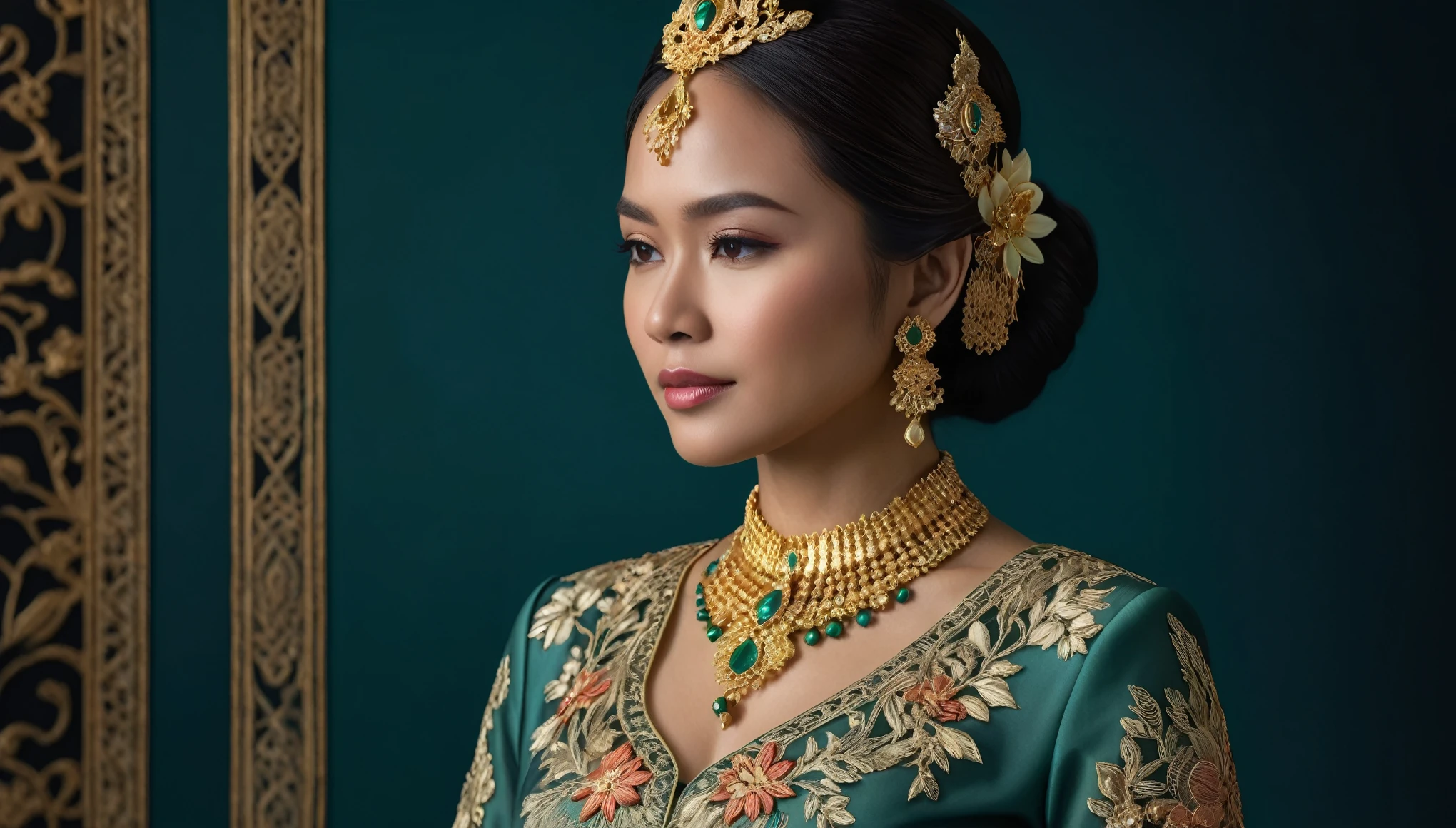 best quality, masterpiece, highres, 1girl, transparent silk lace javanese kebaya, silk robe, medium hair, smile, closed mouth,lips, long dress, necklace, jewelry, javanese clothes, make-up, earrings, detailed beautiful round eyes,Indonesia women, Beautiful face,upon_body, tyndall effect,photorealistic, rim lighting, two tone lighting,(high detailed skin:1.2), 8k uhd, dslr, soft lighting, high quality, volumetric lighting, candid, Photograph, high resolution, 4k, 8k, Bokeh, in home, leaf falling , spring, (gigantic breasts:1.3), black bra