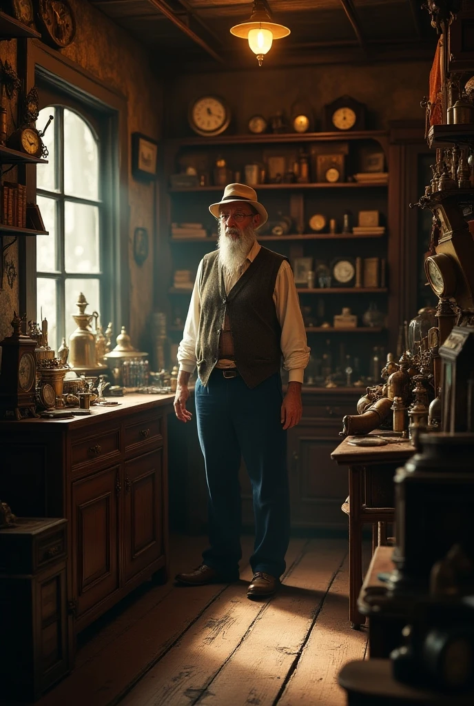 Create a Disney Pixar image of a fabric store with a gray-haired, beardless, mustachioed elderly man with glasses with scissors and a tape measure around his neck, and a tall 40-year-old man in glasses, barba curta