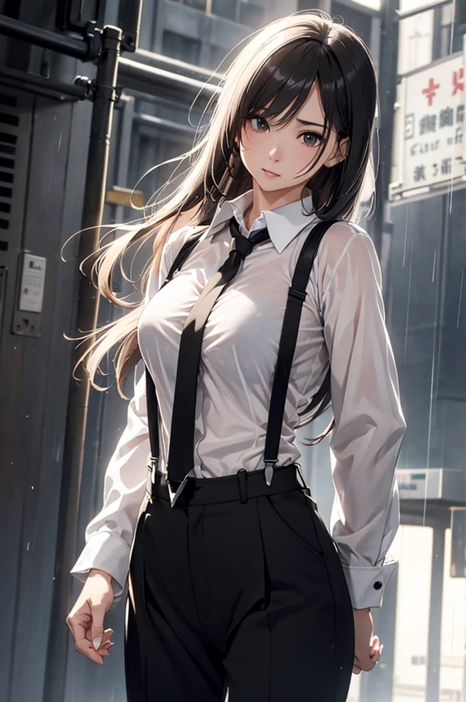 Woman in a suit, belt, Hands on back,  sweaty , suspenders,  black pants , Large Breasts, see-through clothing, rain, Detective, Office Workers, White button-up shirt, (Best Quality,4K,8k, High Resolution ,masterpiece:1.2),Ultra-detailed,(Realistic,photoRealistic,photo-Realistic:1.37),Hyper Details,High definition face and body, slender　thin　suspenders　Medium Breast　See-through shirt　Nipples　　Lock　pistol　Armament　Criminal　Female Criminal　knife 　 Hands on back　Constraints 程よい胸 黒いマスク
