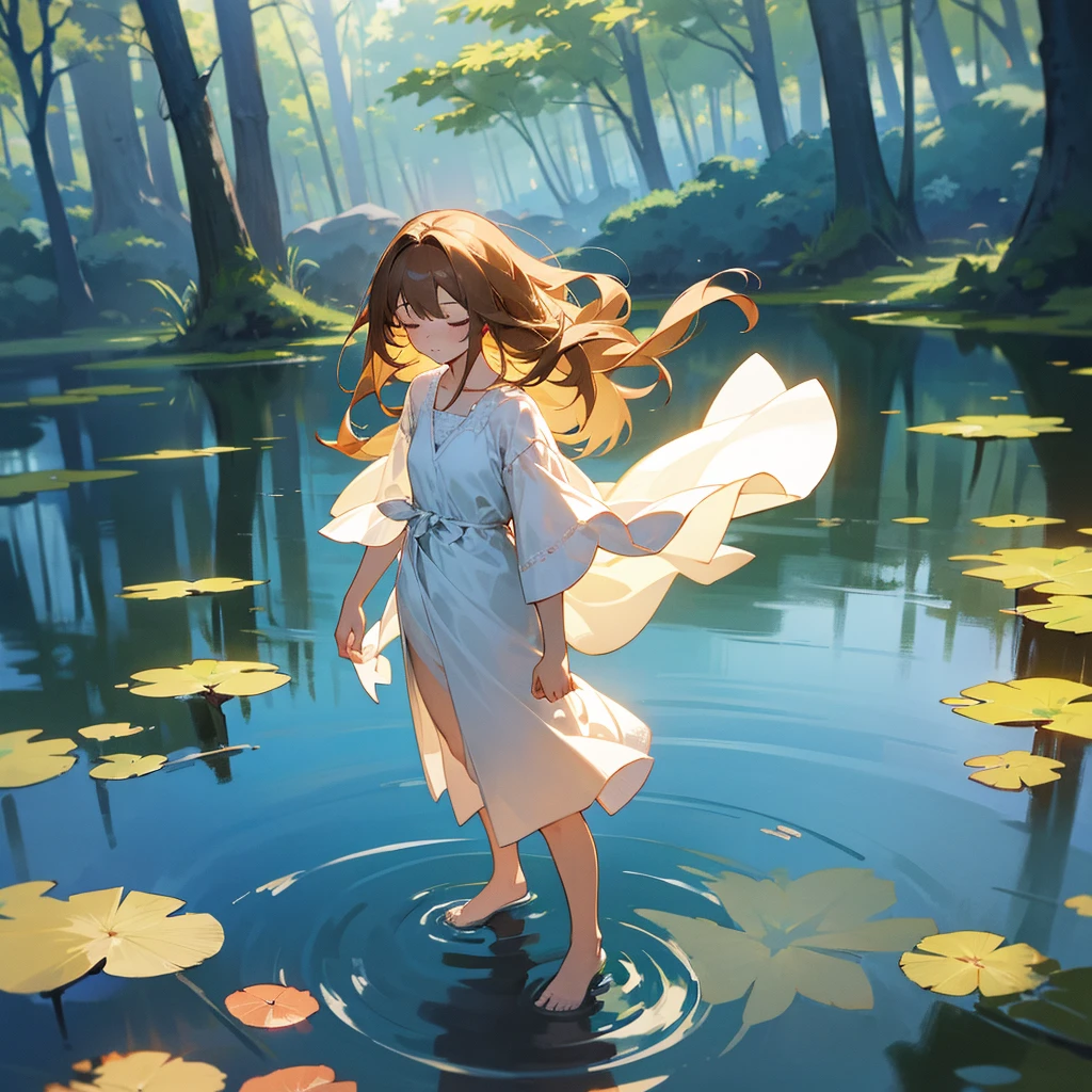 The girl with long flowing hair sits on a swing with a sparkling lake behind her back, moonlight spills on the lake, surrounded by forests and fireflies flying --auto --s2