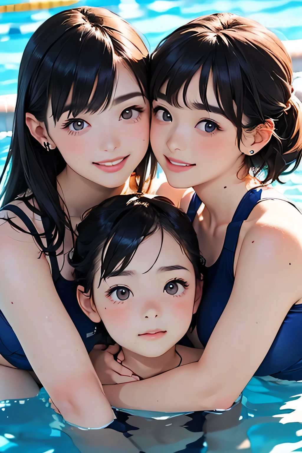 high resolution。High resolution、Low - Angle、masterpiece、Beautiful black-haired girls、cute、Colorful micro bikinis、Girls huddling together、A girl with long hair and a girl with short hair、Dark Eyes、Bright smile、White teeth、Black shiny hair、color々Pause、Wet black hair、Your body is wet、Seaside。sweating、high resolution8K