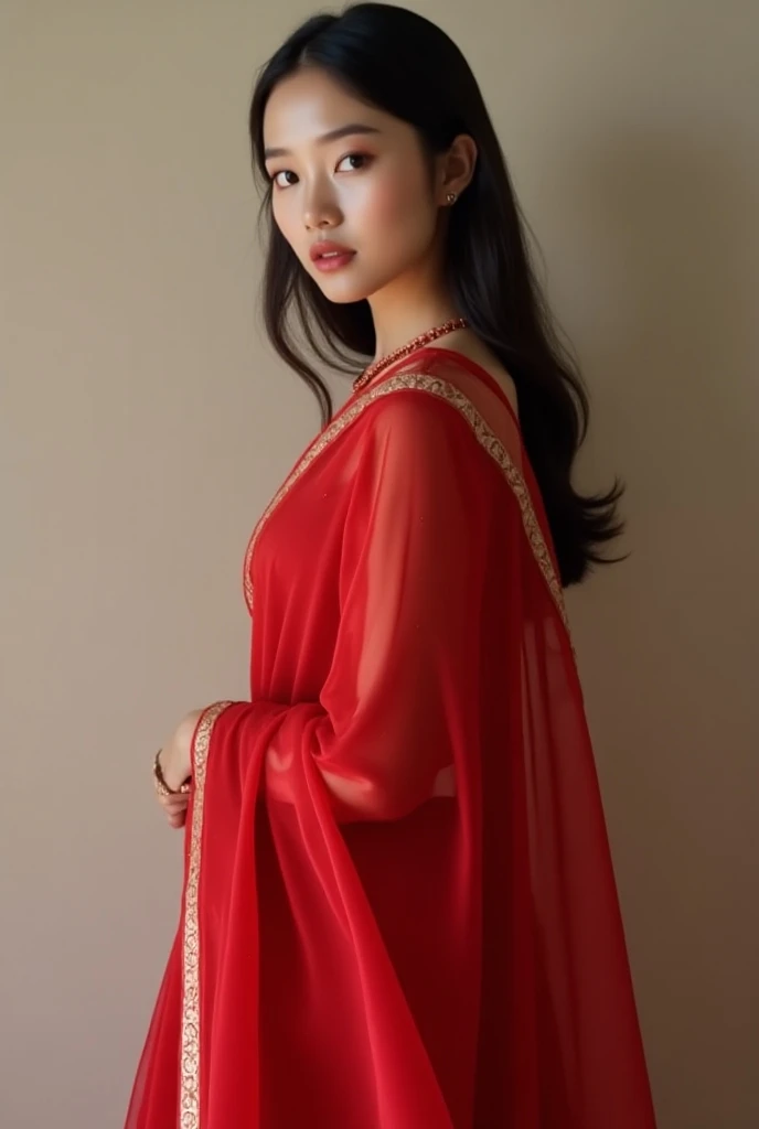 1 girl, beautiful detailed eyes, beautiful detailed lips, extremely detailed face, long eyelashes, medium:oil painting, soft lighting, impressionistic style, red colors, beautifully shalwar kameez dressed, wistful expression, standing in tokyo city street, full body pose picture, (best quality,4k,8k,highres,masterpiece:1.3),ultra-detailed,(realistic,photorealistic,photo-realistic:1.37)