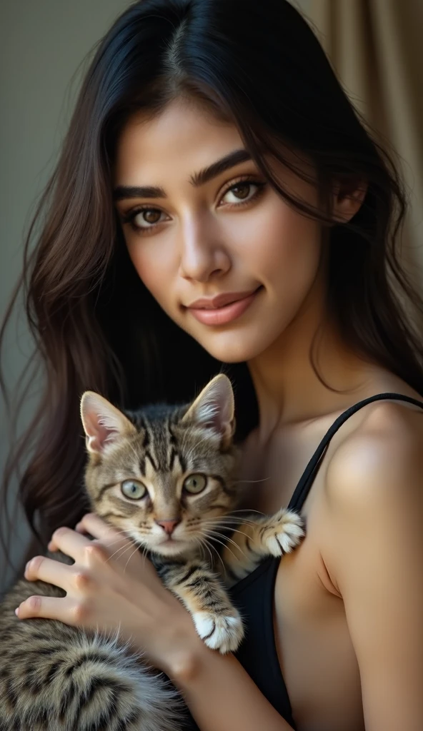 an hypersensual woman with a cat, instagram influencer, hot on CANON R5, 85mm lens, photo shoot, depth of field, incredibly detailed intricate, hyper maximalist, elegant, hyper realistic, super detailed, dynamic pose, centered, photography, natural light, dynamic, highly detailed, sharp focus