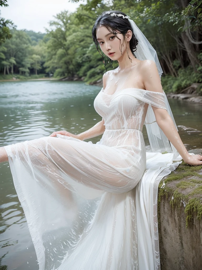 Japanese women,Beautiful woman,(( anatomically correct)),(((純白のの Thin Fabric Wedding Dress ))),(((裸体に純白の Thin Fabric Wedding Dress を着る)))Beautiful womanの柔らかなフォーカスのポートレイト,Colorful Hair,( random colored hair ), feminine soft body line ,((Wet Skin:1.5)),(Narrow waist), Pure White Thin Fabric Veiled Body ,濡れた Thin Fabric Wedding Dress ,(( wet thin fabric texture :1.5))Ethereal and fantastic style ,幻想的な雰囲気を添える Thin Fabric Wedding Dress ,(( Thin Fabric Wedding Dress )),((See-through)),(( off-shoulder flatline )),((Sheer Wedding Dress )),Large Breasts,Big Breasts, big round ass holding a ball,( big round ass holding a ballを披露しましょう),Moonlit Night,moonlight,moonlight,Starry Sky,midnight,forest,Fantastic lake in the forest,Dip your toes in the lake,