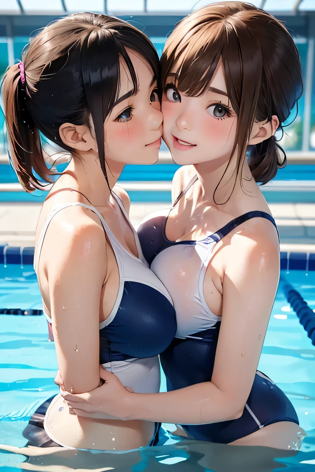 Best Quality、 High Resolution 、High image quality、masterpiece、 detailed background、(Beautiful face in every detail:1.4)、( very detailed faces :1.4)、Detailed eyes、 anatomically correct、(3 beautiful girls aged 10 :1.4)、(Huge breasts:1.2)、 perfect body line 、Light color hair、 ponytail、Bobcut、Shiny navy blue school swimsuit、Accentuate your breasts、 big smile、In a joking manner、
( 3 beautiful girls kiss on the cheek in the school pool:1.5)、(Embrace each other :1.5)、
My whole body is wet、 wet glowing swimsuit 、My hair is wet too、Embrace each other、Show your side、cute