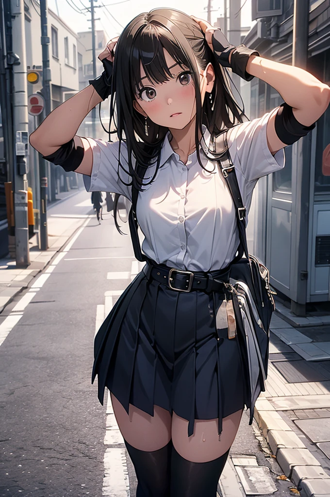 (masterpiece, Highest quality:1.2), One girl, alone,Are standing_Split, 
Yuki mandarin orange, Brown eyes, Brown Hair, hair ornaments,Long Hair,Green Check Skirt, Sainan High , , White shirt, Yellow sweater vest,No panties

