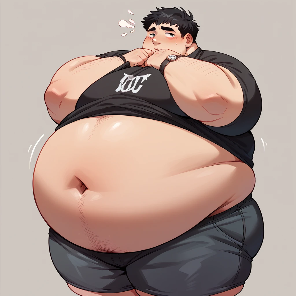 A boy, obese, fat belly, fat titsblack hair, black eyes, Colombian, teenager, lifting his shirt, showing his belly button, using a black shirt, using black shorts