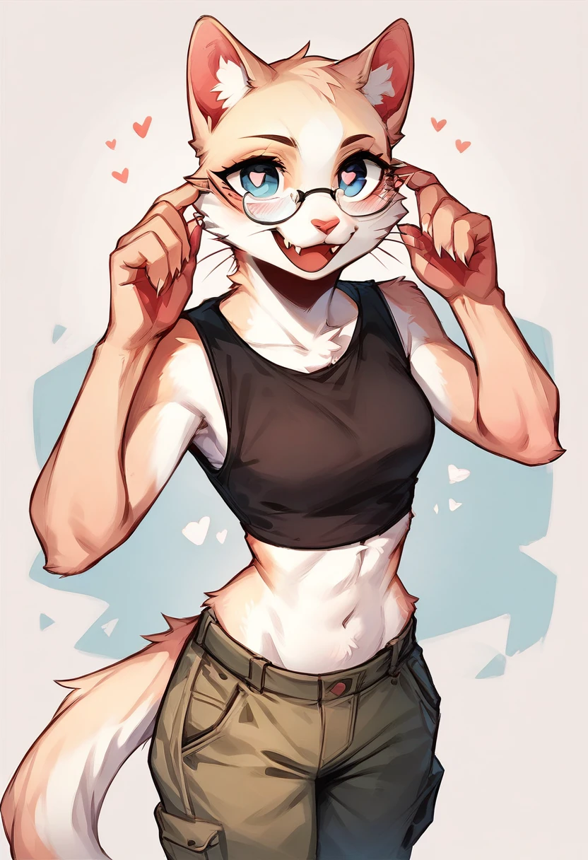 Furry, anthropomorphic, female white cat, blue eyes, wolfcut, crop top, cargo pants, small glasses, whisker, fang, 