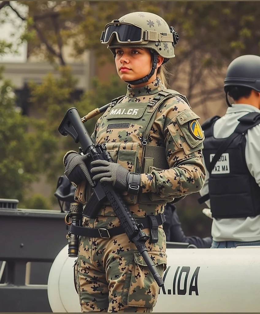 The world has collapsed, the ruins of cities are in ruins. Young female soldier in military uniform smiles at the camera