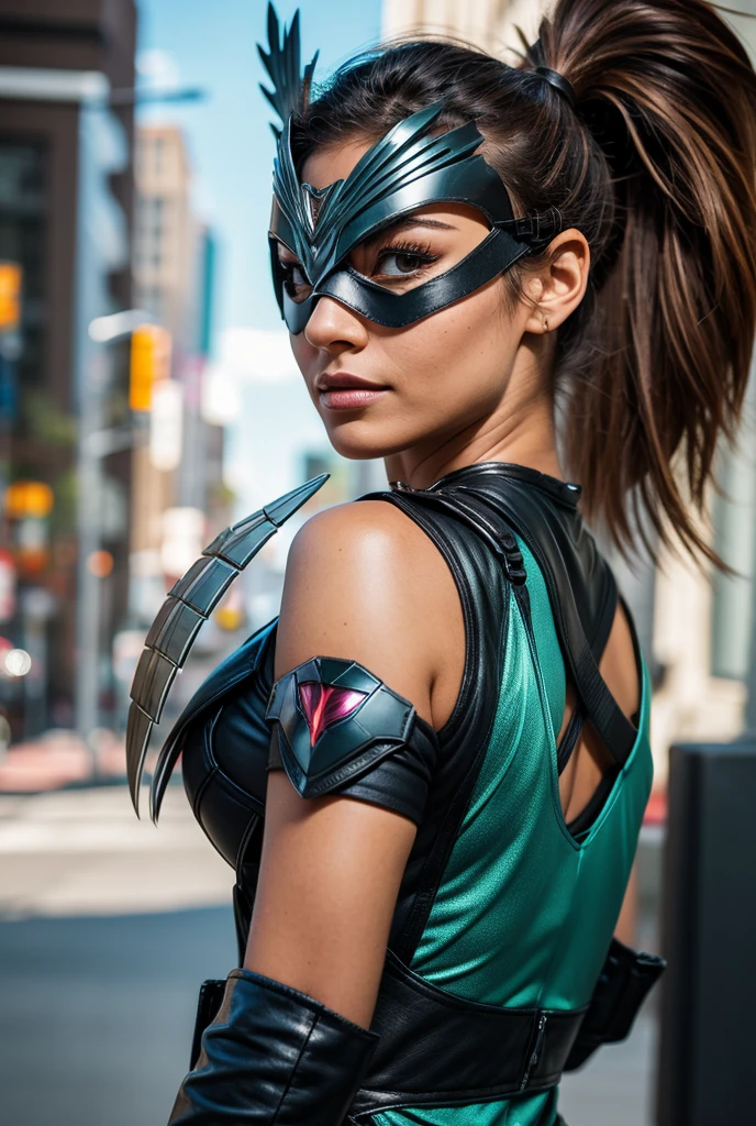 Woman looking back over shoulder wearing a metal hawkgirl eye mask 