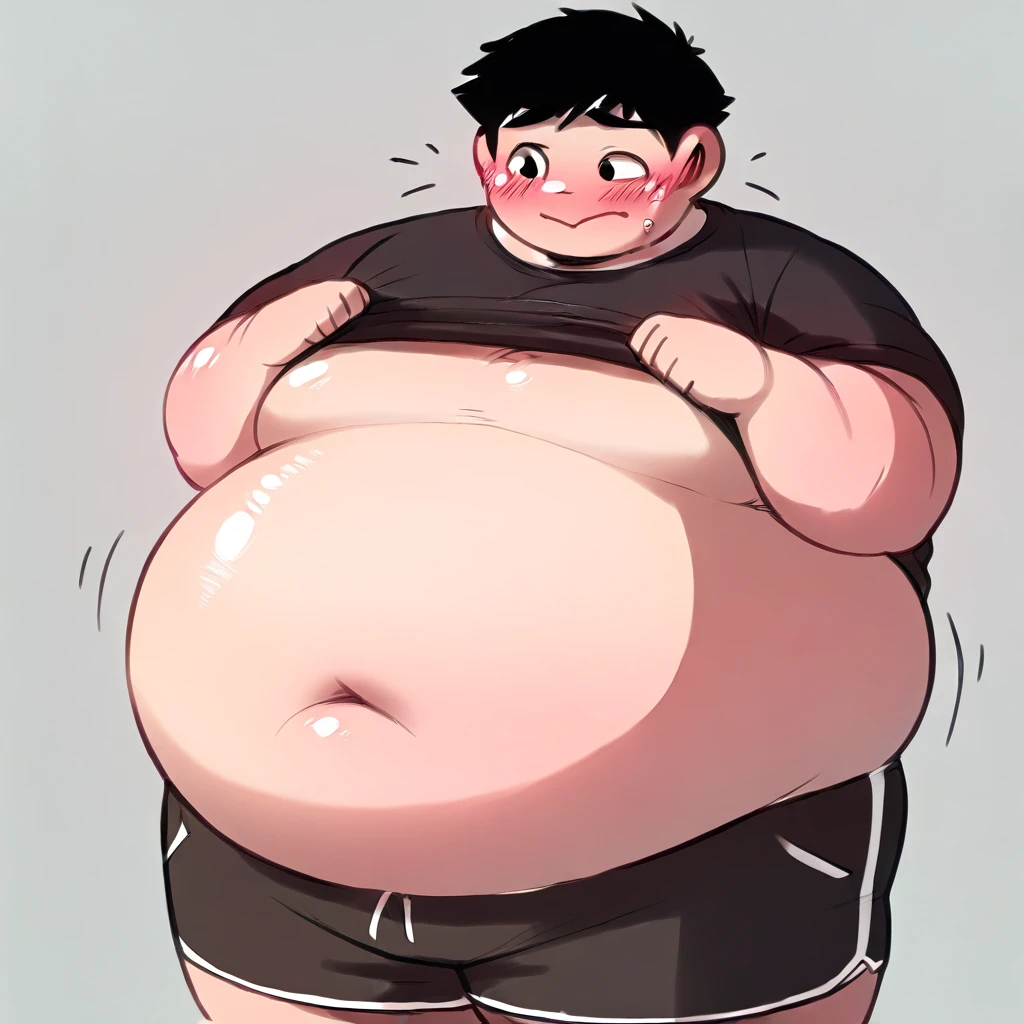 A boy, obese, fat belly, fat boobs, black hair, black eyes, Colombian, teenager, lifting his shirt, showing his belly button, using a black shirt, using black shorts, ecstatic face, sweting, blushing, (3:4)