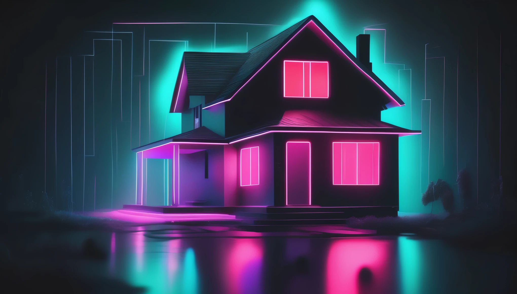 Make a layout with a house in the middle, neon colors and small light strips around the house. Light up with achromatic lights, strange atmosphere, slightly cold background, darker around. The size is 16:9, do not enter any text or numbers in it,