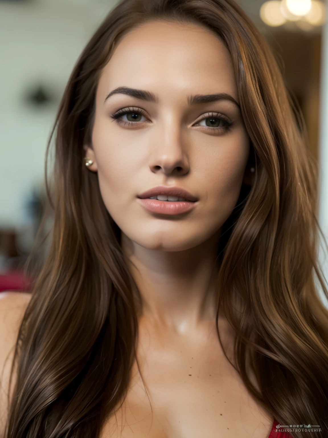 1 girl next door with coloured long red hair, Mix out of 10% Megan Fox and 15% Gal Gadot and 20% Blake Lively, 172cm height, 68kg weight, soft curly intense long red hair, clear green eyes, long dark black lashes, perfectly shaped dark black eyebrows, dark caramel tanned skin, slim and well-defined body, curvy body, elegant thin nose, small ears, full lips, white teeth, small soft ladylike hands, painted fingernails, high resolution, masterpiece, best quality, intricate high detail, highly detailed, sharp focus, detailed skin, realistic skin texture, real skin texture, realistic texture, professional, real life, ultra-realistic, photorealism, photography, realistic photography, UHD, photo RAW, in in a coffe shop, heavy slut makeup,heavy slut blusher, heavy slut eye shadow,heavy slut eyeliner,heavy slut mascara, heavy slutlip liner, red lipstick, ((ultra realistic, extremely fine details, natural skin texture)), extremely detailed eyes lips nose, shallow depth of field, vignette, highly detailed, high budget, bokeh, cinemascope, moody, epic, gorgeous, film grain, grainy.
Not wearing anything, full image.