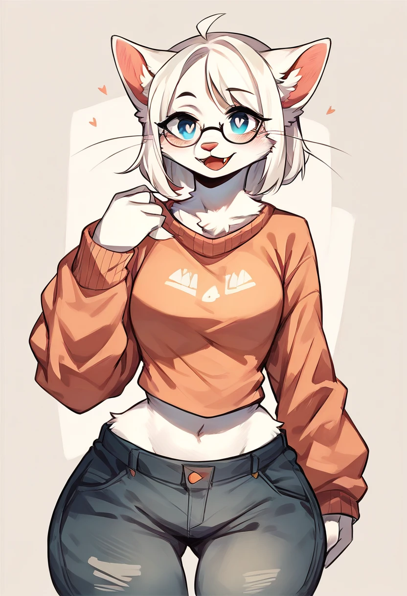 a white anthropomorphic female cat with blue eyes, wolfcut hairstyle, wearing an oversized sweater crop top and cargo pants, small glasses, whiskers, fangs, masterpiece, best qúality, white fur, fluffy, big ass, thick hips