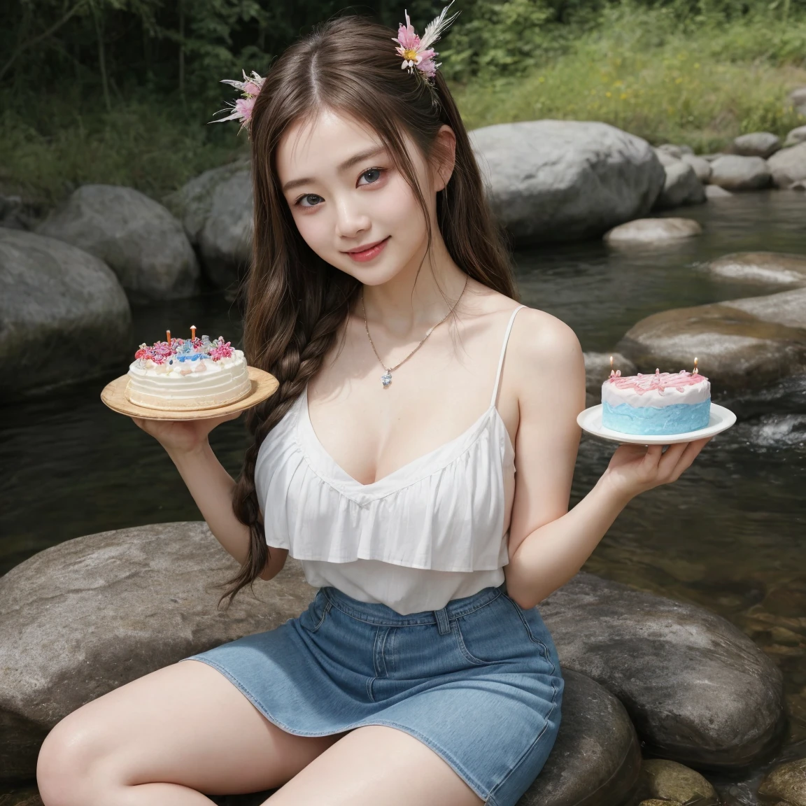 Araffe Japanese model, hyperrealistic, having ice cream next to pallas cat in a river,