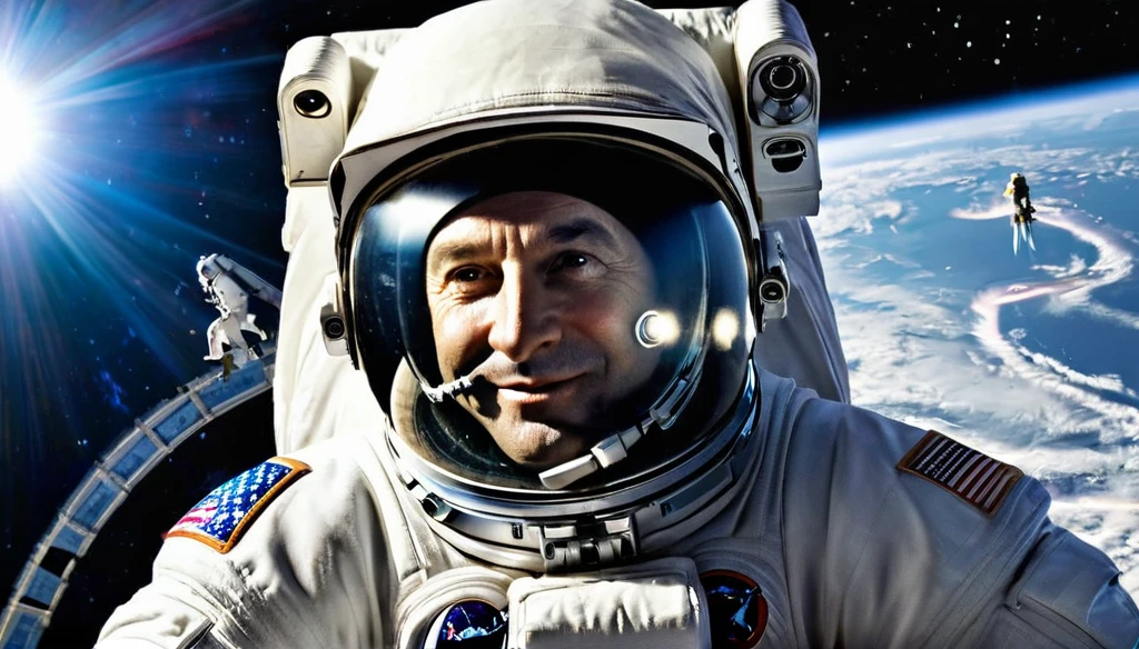 create a realistic-style image with high-quality graphics of a half-body astronaut. They are wearing astronaut clothing in the style of the 1960s, depicting a white man with black hair and brown eyes in his thirties. The image should have a realistic 1960s aesthetic, with the uniform predominantly white with blue and red details. On the left shoulder, there is an American flag patch. The astronaut wears a helmet, with improved quality resembling a real photograph, enhanced focus, and details. The style should be realistic, in 4K resolution, reminiscent of the 1960s.