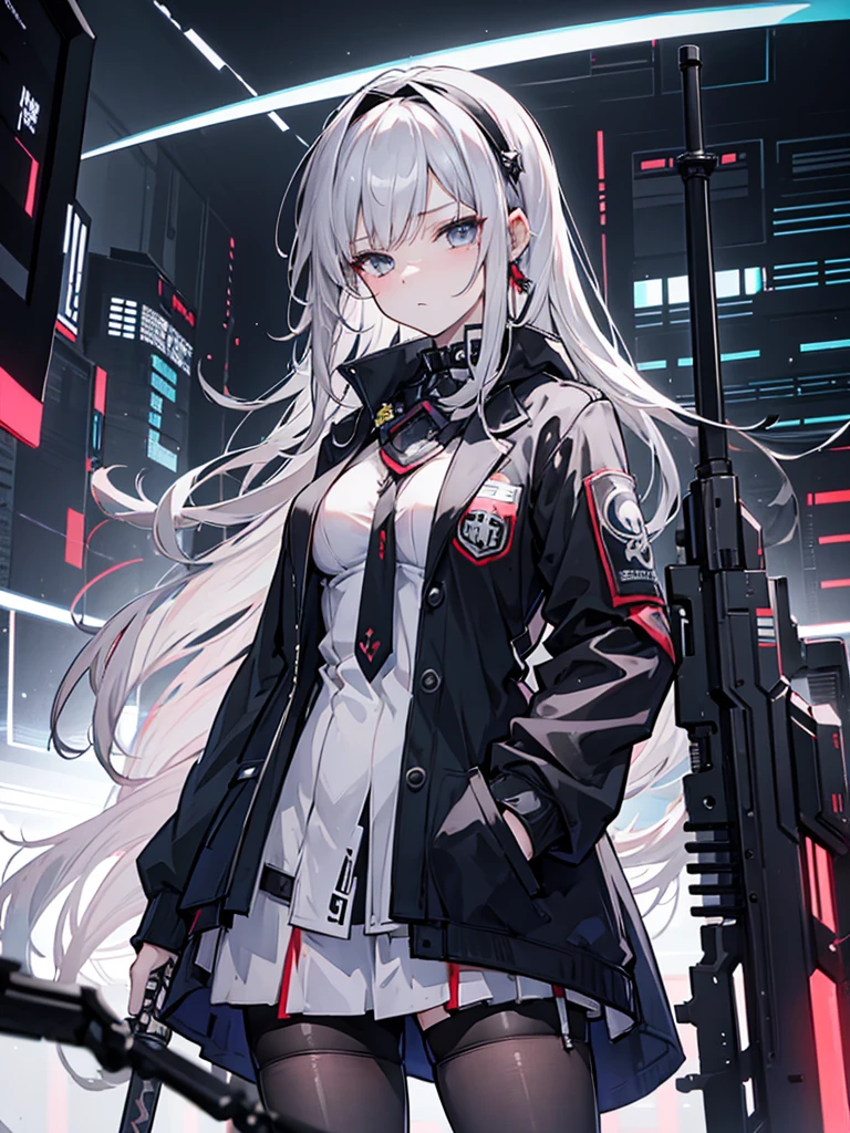 (masterpiece_portrait), (bishoujo), (ligne_claire), Cyberpunk, 2010s, brush, female_focus, cowboy_shot, looking_at_viewer, 1girls, Mercenary, warrior, giant, sharp_face, very_long_hair, gray_hair, curly_hair, hime_cut, gray_eyes, medium_breasts, (hands_in_pockets), short_ears, reclining, determined_face, Closed_mouth, half-closed_eyes, Prussian_Blue_Urban_Tech_Wear, White_shirtf, Black_miniskirt, Black_over-kneehighs, Black_hairband, wears_a_Great_sword_on_she_back