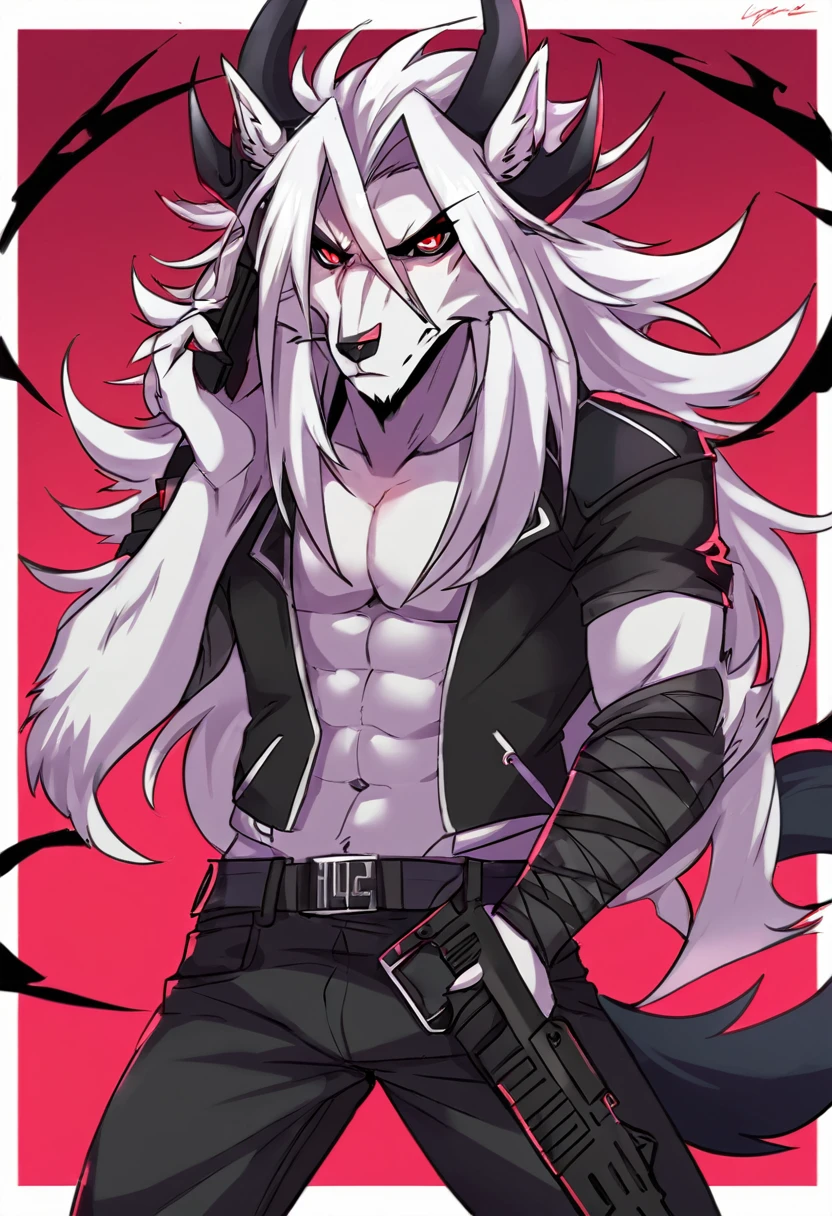A young man of 25 years, defined body, very long hair, messy top, black eyes, very beautiful, defined beauty, smile flirtatiously, rocker, black leather jacket, black t-shirt, worn black pants, sitting sexually, sticking out tongue, Flirty attitude, bulge in pants, 