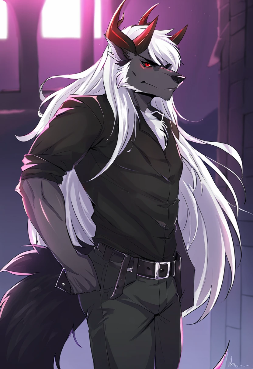 Male with light beard, flowing white hair, has wolf ears, has wolf tail, shirtless, happy, playful, in cyberpunk outfit