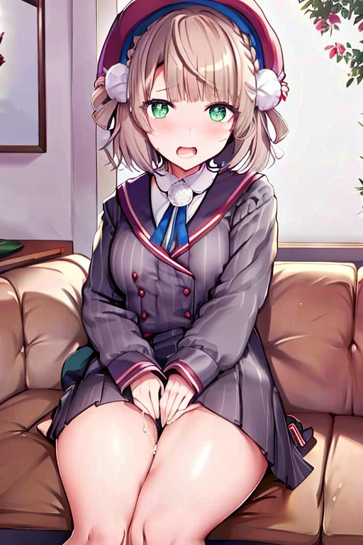 ighest quality, High resolution, question 1, One girl, alone, Hair Ring, Green Eyes, Pompom hair ornament, Sailor collar, Long sleeve, Striped jacket, Braiding, vertical_striped skirt, vertical stripes, beret, embarrassed, blush, Small breasts, Dark Classroom, Girl sitting on sofa, Place both hands on crotch girl trembling with sexual climax,cum on body,