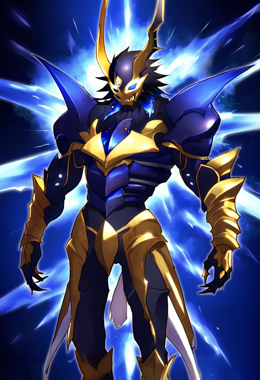 masterpiece, ultra detailed, solo focus, male, apollomon whispered, black lion, digimon, gold armor, yellow eyes, glowing yellow eyes, full body, official art, muscular, absurdly high detail, detailed eyes, robot, mecha, long blue mane, long blue hair, (perfect proportions:1.1), (Delicate face:1), (Delicate eyes:1), (handsome!), make a picture of apollomon whispered, (art by Midjourney, Chunie, narse, jiandou, yupa, rakisha, kiyosan, darkgem, null-ghost, jiandou, XUAN_SIRIUS, Spelunker_Sal, meesh, FrAnubis, drks, jrjresq, bastroceive, ReptileCynrik, Saltypoundcake, tojo the thief, narse, honovy, Izrez, twinkle-sez, Adios, OrcFun), <lora:ApollomonWhispered:0.85> <lora:Celestial_Explorers_SD1.5:0.8> Celestial_Explorers_SD1.5