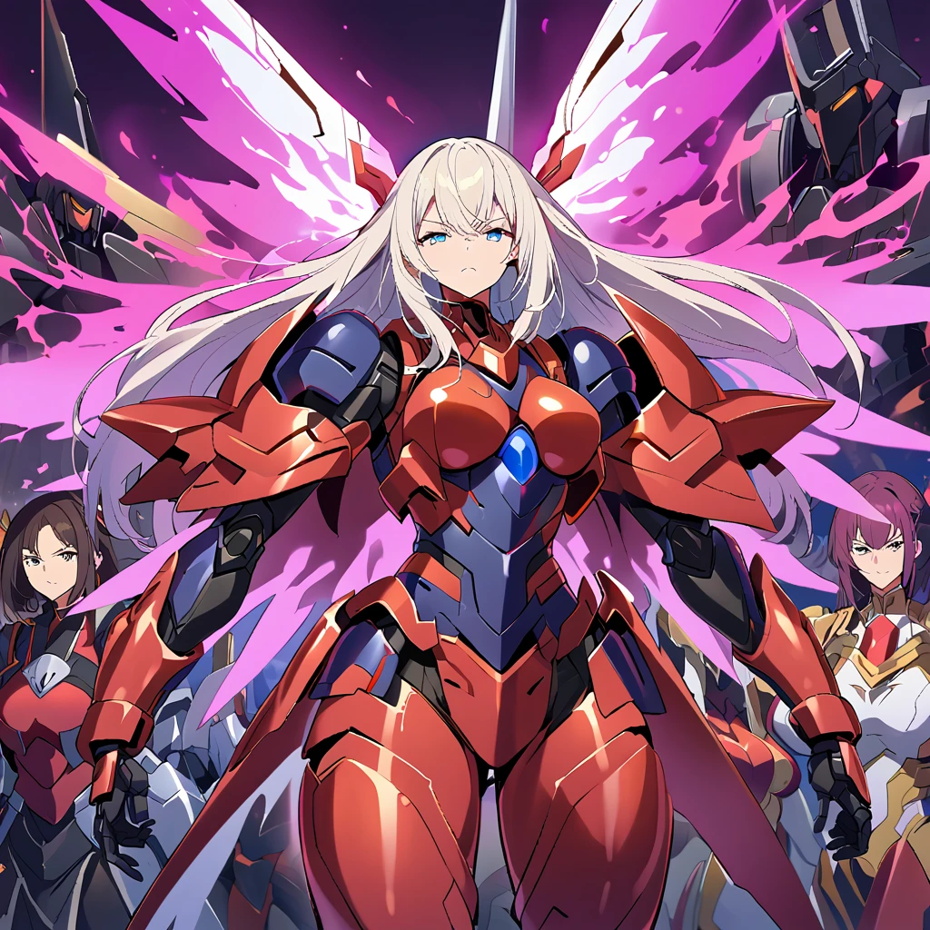 Anime, high detailed, multiple womans, mature womans, shiny-like mecha armor, large mechanical wings, large Gauntlet, serious, curvy body, long mechanical wings, mecha weapons、Colored armors、magenta Colored aura、BLUE Eyes, elongated pupils,  Mature Woman、magenta aura、womans surrounding, background a crumbled city